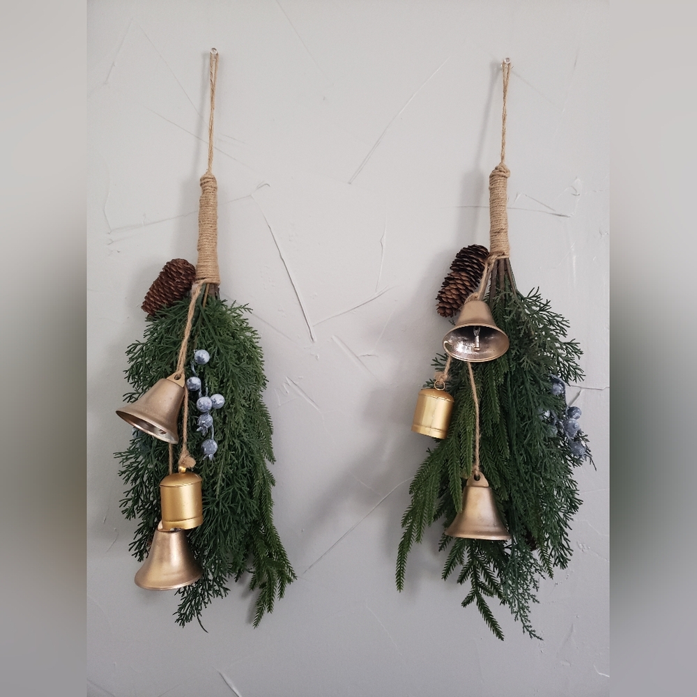 Rustic Holiday Swag with Gold Bells and Pinecones Wreath Christmas (Set of 2)